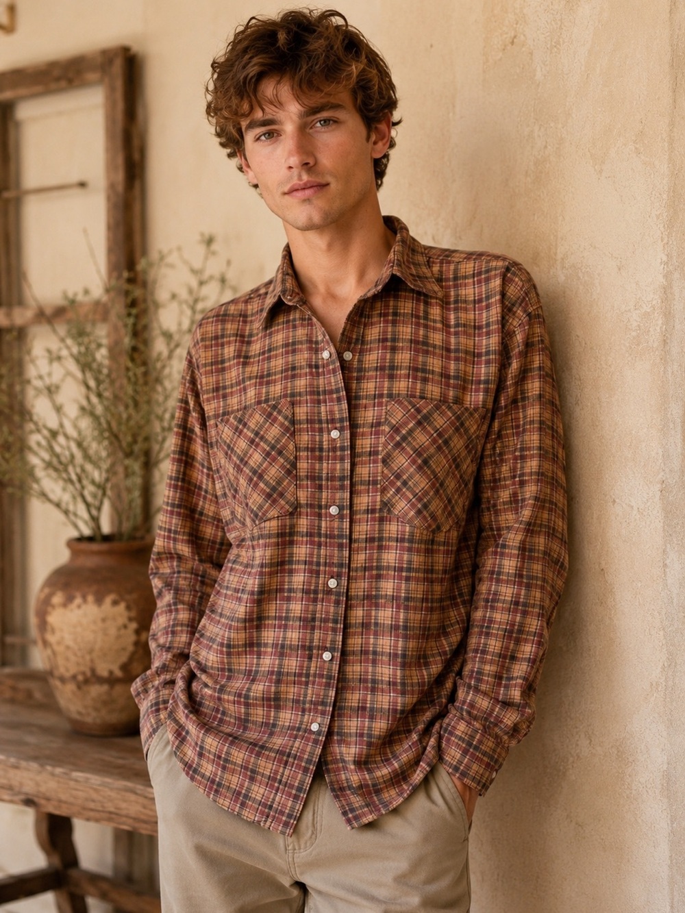 Vintage Unisex Haband Brown Autumn Plaid Snap Down Flannel